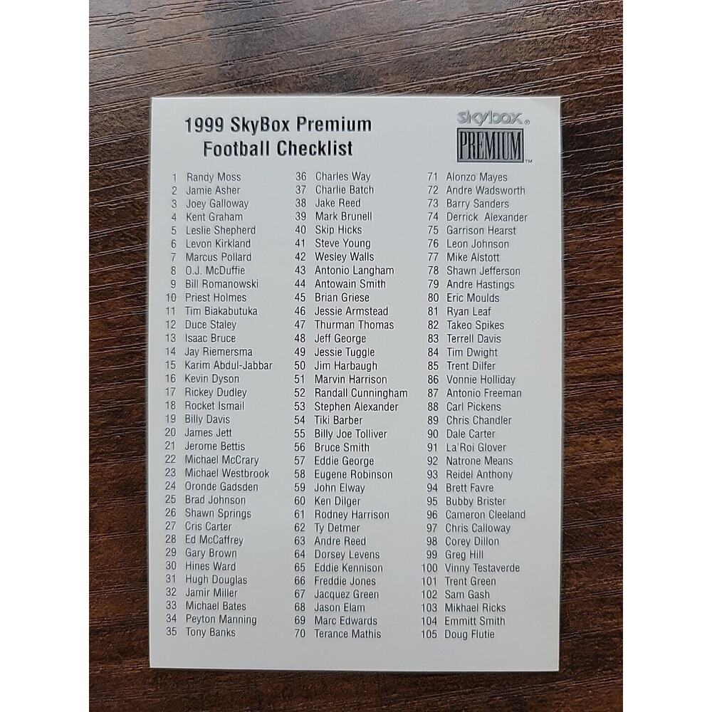 Checklist 1999 Skybox Premium Nos. 1-210 - NFL